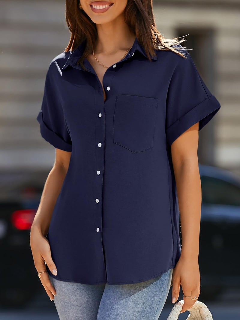 Beautife Womens Short Sleeve Shirts V Neck Collared Button Down Shirt Tops with Pockets Navy Blue - Image 2
